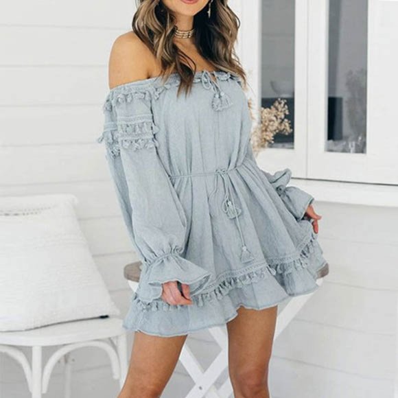 Qiao Mei Jia Ren by Itemnew Dresses & Skirts - 🎉HP🎉 QIAO MEI JIA REN OFF-THE-SHOULDER DRESS TASSEL BLUE SZ S